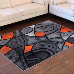 Contemporary Swirl Pattern Rug in Black, Gray, and Orange